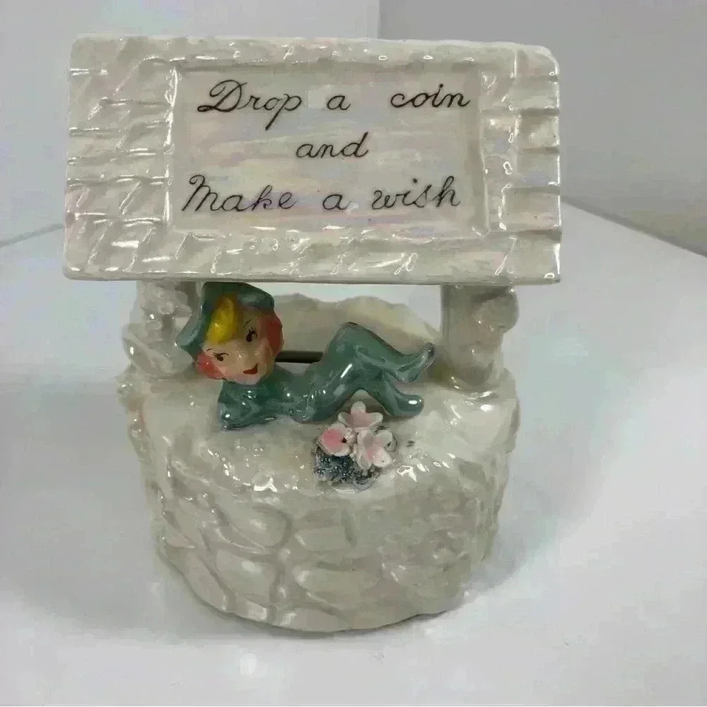 Vintage 1950s made in Japan ceramic lustre ware pixie wishing well coin bank